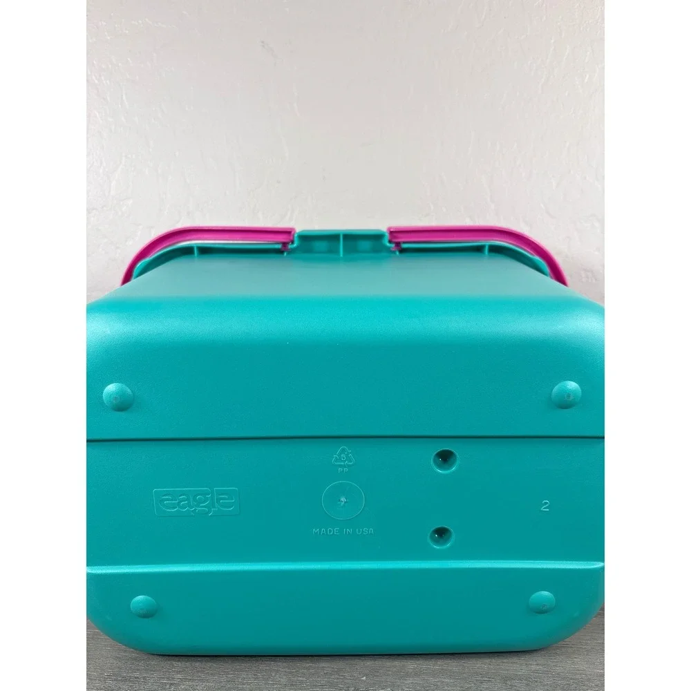 Vintage Eagle Plastic Picnic Basket Craft Storage Box Teal Pink Purple 90s USA
